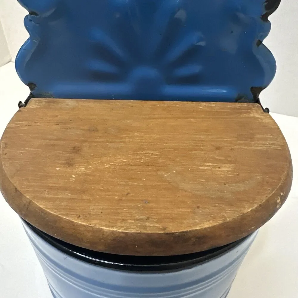 Vtg Polish Enamelware Salt Box Blue Wall Hanging Cellar Wooden Lid Huta Silesia